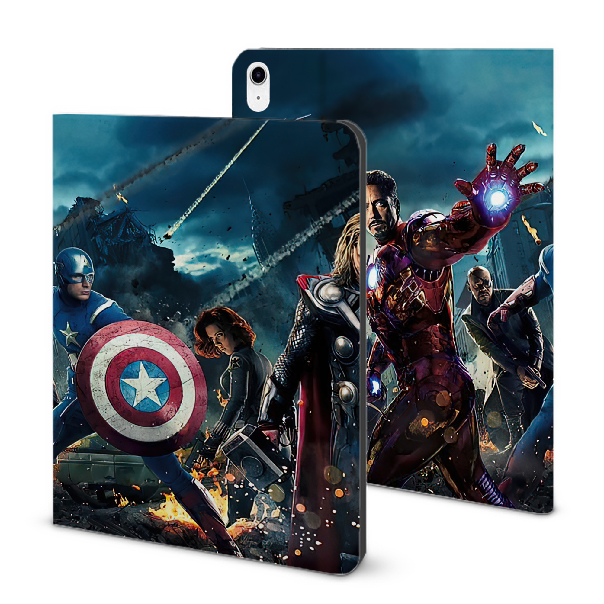 （画像用） アベンジャーズ The Avengers IPad ケース ブック型 PUレザー TPU 耐衝撃 軽量 薄型 ペン収納なし 全面保護 IPad 各モデル対応